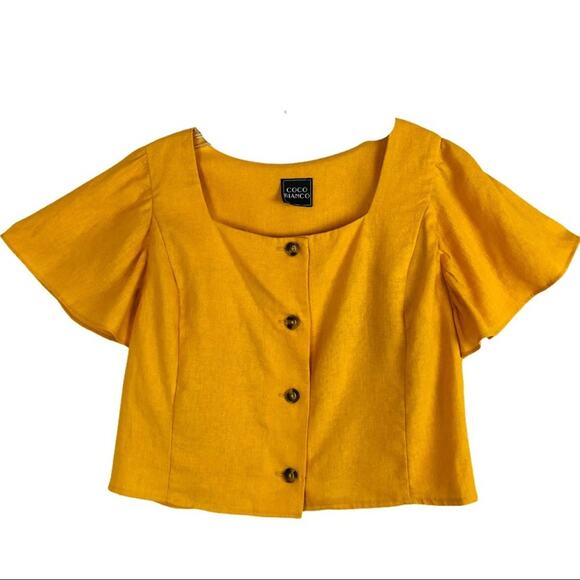 Coco Bianco yellow linen cottagecore trnedy button boxy ruffle crop top medium - Picture 1 of 7